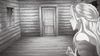 A blonde woman in a tiara stands in a cabin with a window and a closed door inside. She is facing slightly away from the viewer, towards the closed door.