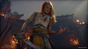 Faye smiles at her hand, which roils with embers. In the other hand, she holds a longsword.