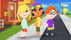 Three Miis stand facing the camera. They each resemble a member of the Pepper Ann cast.