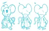 Three character sketches for Mina from Mina the Hollower showing the front view and two options for the back view of the character.