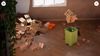 A room filled with trash and an open trash can. The cursor hovers above the trash can, holding a pile of garbage.