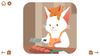 A white mom cat stands at the counter, chopping fish, with her baby cat on top of her head.