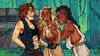 Three women argue and talk with one another. One wears fighting leathers, another wears a tunic, and the third wears pants with a loose shirt.