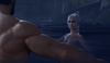 Shadowheart, a woman with long silver-white hair in a braid, is swimming naked in a lake. She faces the player character, who is also naked, facing away from the viewer and towards her.