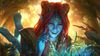 A red-haired Druid with blue skin and pointy ears marvels at the natural world, including glowing grass in front of her