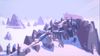 A snowy mountain with steps carved nto its rock face. At the peak, a massive white wolf sits, eyes closed and jaw agape as though grinning