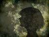 A shadow cast of a person's facial profile on a hazy golden and gray background