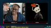 A screenshot from Games Done Queer 2025 depicting Vanessa B/PT and Meemee, the latter of whom is not showing their face on cam and instead is a picture of the Hollow Knight from Hollow Knight