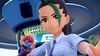 A shot of Nemona holding a Poké ball. She has black hair with a green streak and amber-colored eyes.