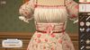 A screenshot from Dressmaker shows a close-up of a dress on the mannequin. The dress is a milkmaid bodice with puffy sleeves and a skirt made with strawberry fabric.