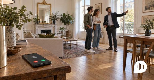 Real estate agent with clients while his phone is ringing. 