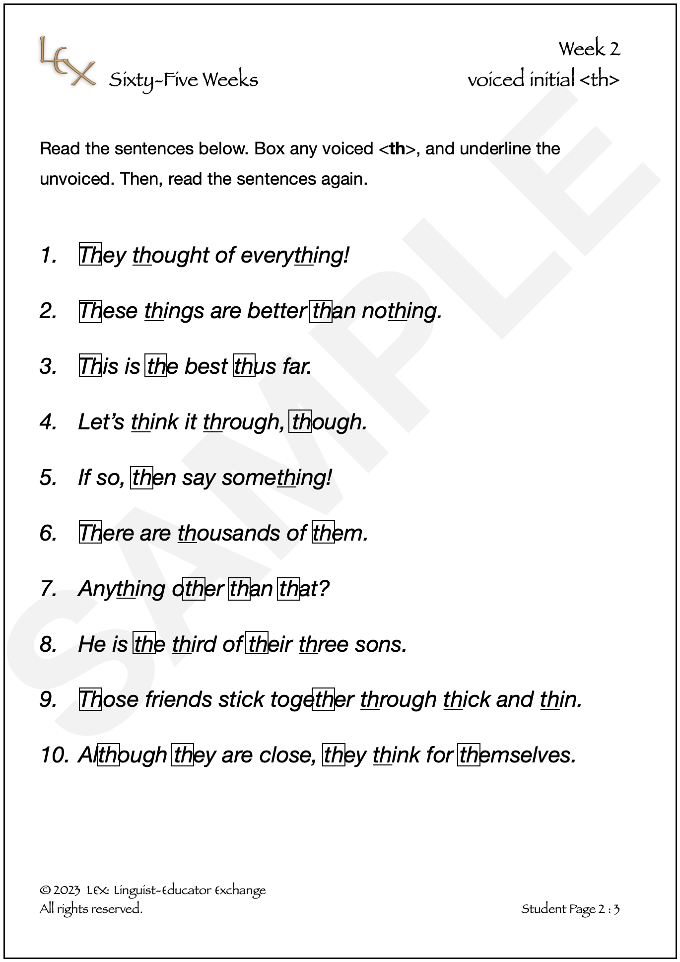 Picture of 10 sentences from 65 Weeks with instructions to box any voiced and underline any unvoiced <th>.