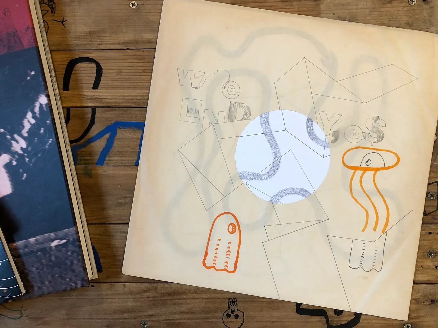 drawing of letter forms, architectural shapes and ghost objects