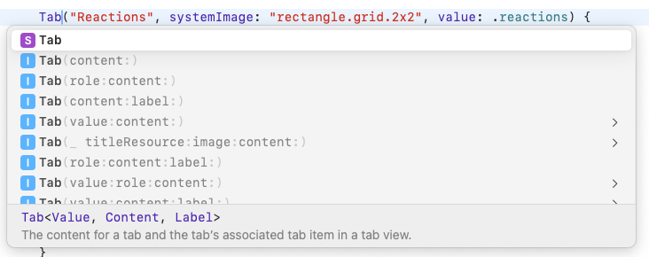 A screenshot from Xcode showing autocomplete options for the Tab SwiftUI component. There are too many options.