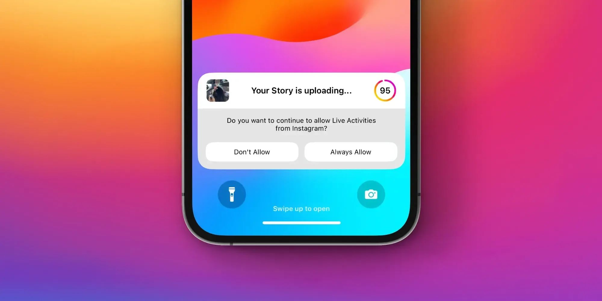 An iPhone over a colorful background. On the phone's screen a white rectangle shows the upload progress for a Story.