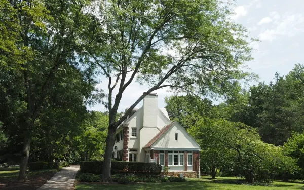 A white house with a brick chimney among mature shade trees