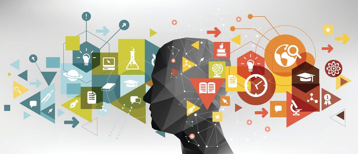 profile of a human head surrounded by many symbols