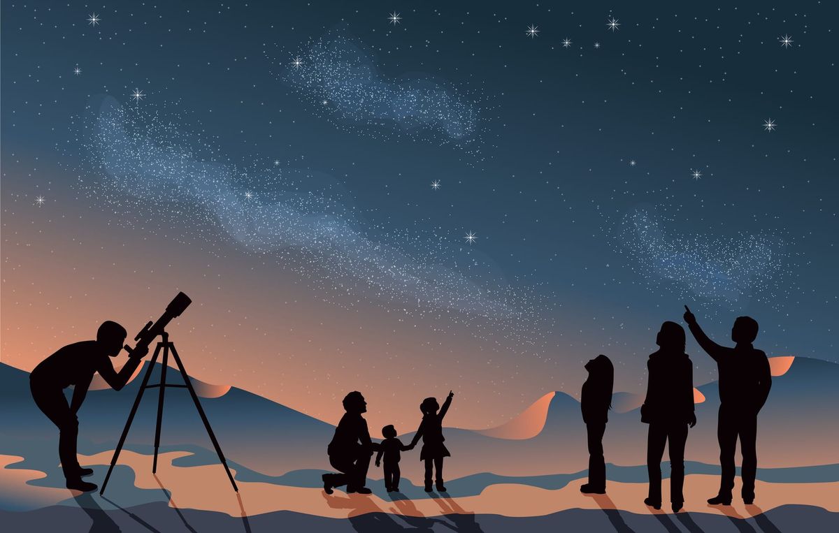 Star scene night sky with silhouette people telescope looking at space