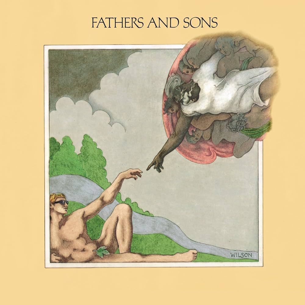 Album cover from *Fathers and Sons*, showing a godlike figure with black skin reaching down from the skies to touch hands with a young blond white youth below him, reclining on the ground