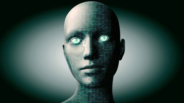 A beautiful-faced robot woman with a screen reflecting binary code on her face
