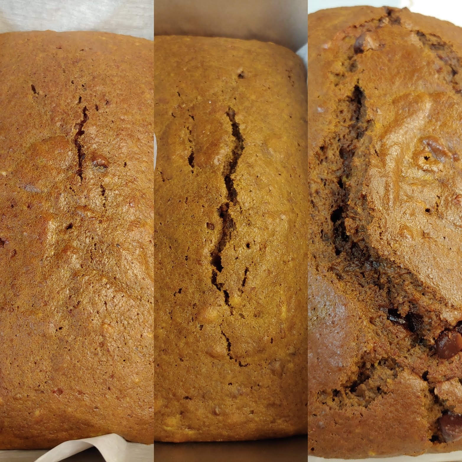 A collage image of three loaves of chocolate beet bread next to one another.