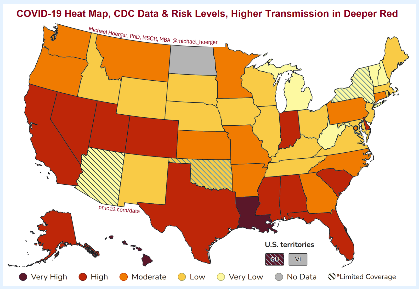 COVID-19 Heat Map, CDC Data & Risk Levels, Higher Transmission in Deeper Red. Map of the United States showing most of the southern states as orange or red with the exception of New Mexico and Tennessee, which are yellow, and Arizona and Oklahoma which are yellow but have limited data. The northern half of the country is a mix of yellow and orange. Louisiana, Hawaii, and Guam are all dark maroon for Very High transmission.