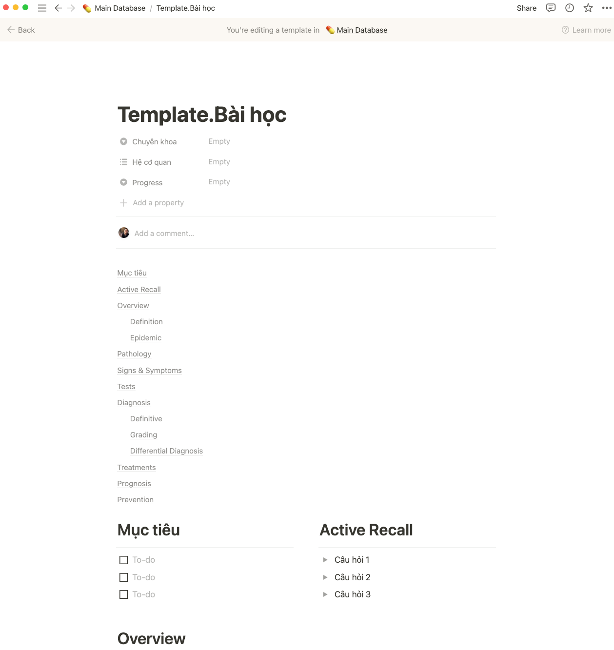 Template mình thường dùng luôn có một table of content kèm với mục tiêu bài học và các câu hỏi Active Recall ở trên cùng.