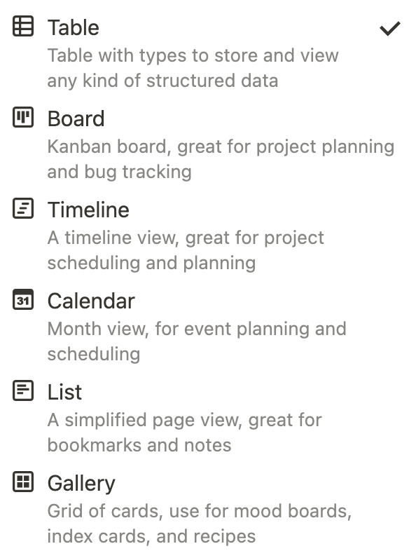 Notion cung cấp khá nhiều view khác nhau, phục vụ nhiều mục tiêu khác nhau: Table, List, Kaban, Gallery, Calendar, Timeline... Đừng ngại click thử các view này để tìm hiểu nhé!