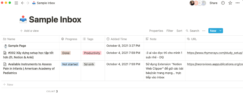 Hình ảnh của một inbox (database dạng table)