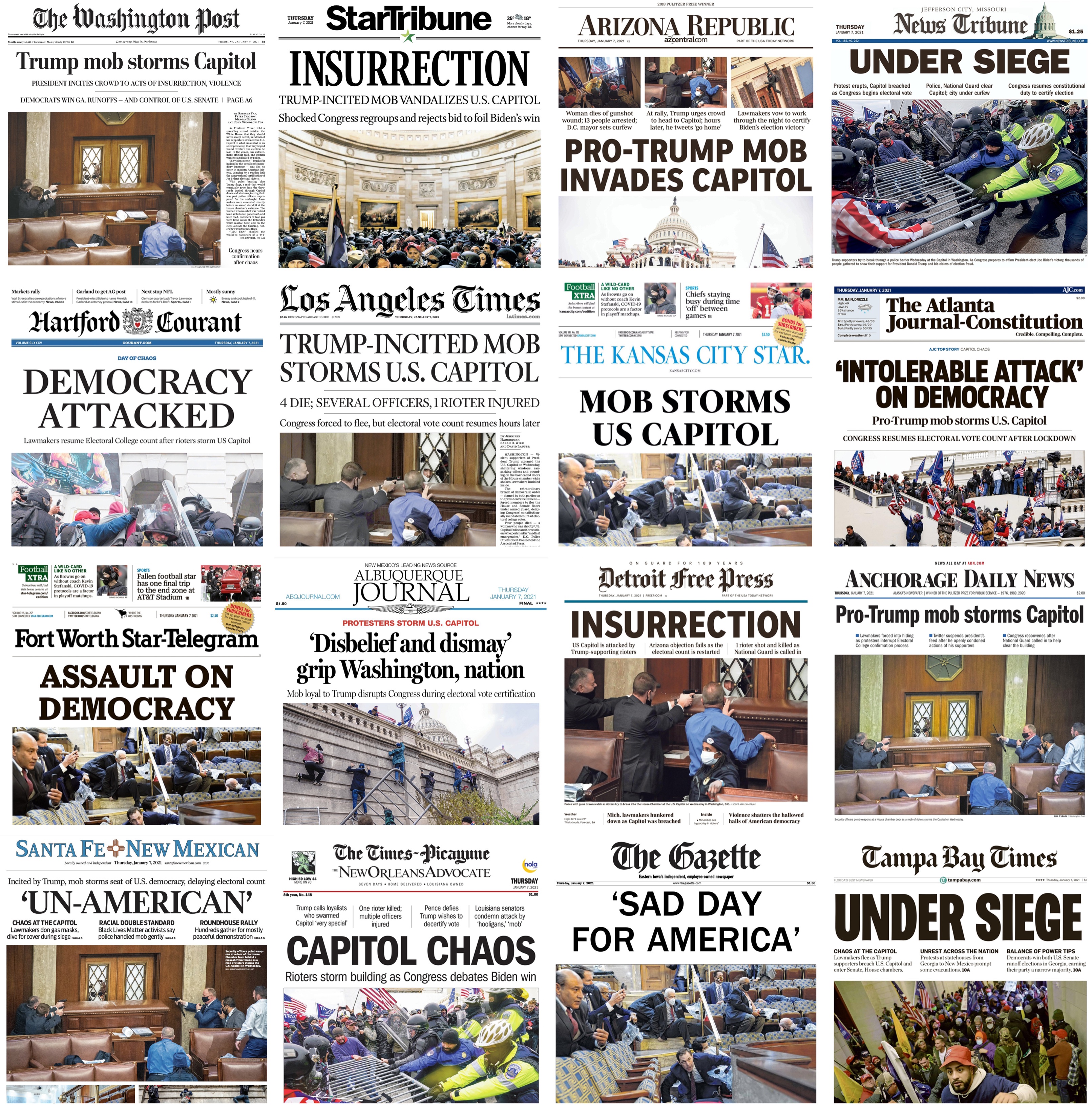 A collage of newspaper front pages on January 7, 2021, featuring words like insurrection, democracy attacked, assault on democracy
