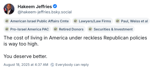 A screenshot of a Bluesky post by House Minority Leader Hakeem Jeffries that says "The cost of living in America under reckless Republican policies is way too high. You deserve better."