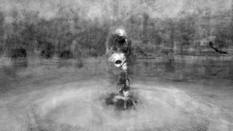 blurred image perhaps a painting of a fountain with a statue of a woman at center pouring out water from a vessel