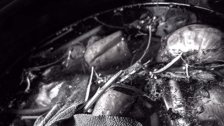 black and white close-up of a pan of vegetables and herbs being cooked for a stew