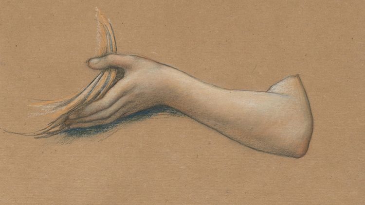 unfinished drawing or figure study of a forearm with its hand holding what might be a basket