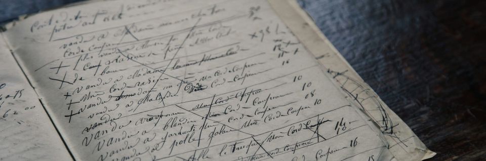 antique notebook or ledger with pages covered with writing