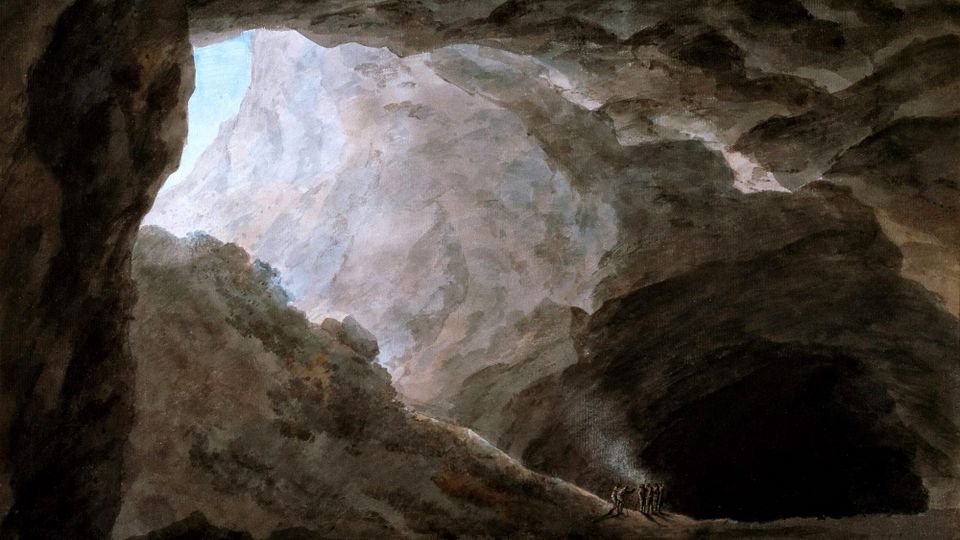 painting of a dark cavern with some explorers, and sunlight streaming in from above