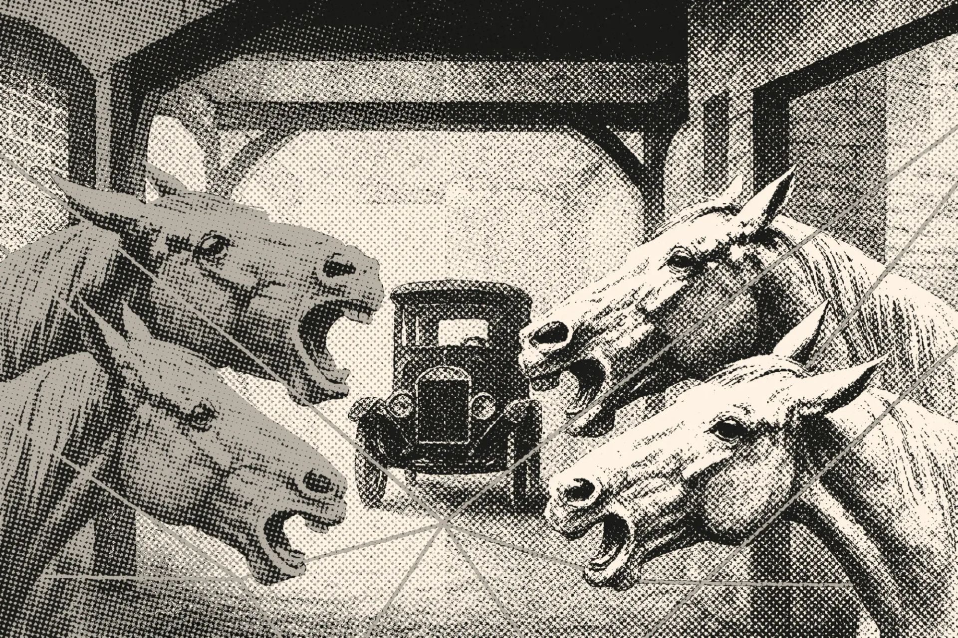 AI generated image of horses arguing about the For Model T