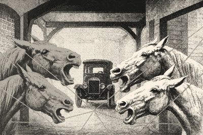 AI generated image of horses arguing about the For Model T