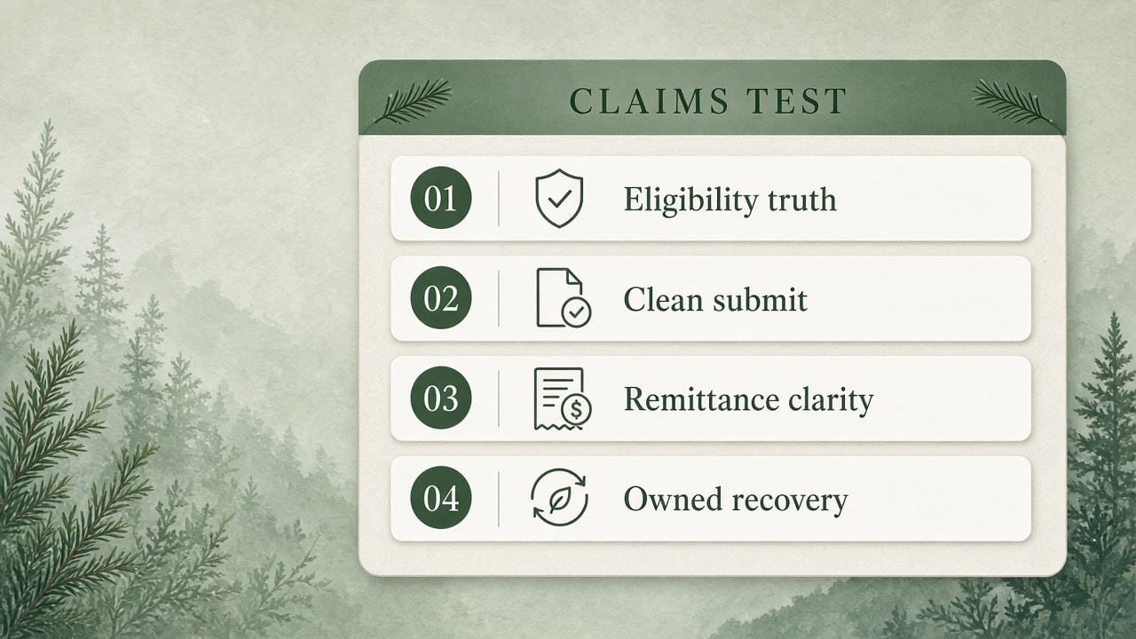 The Claims Test: eligibility truth, clean submit, remittance clarity, owned recovery.