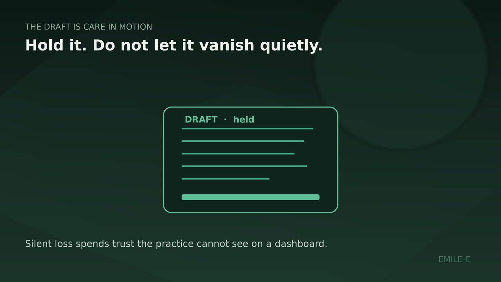 Deep green panel with a held draft shield motif and the line Care in motion stays held.