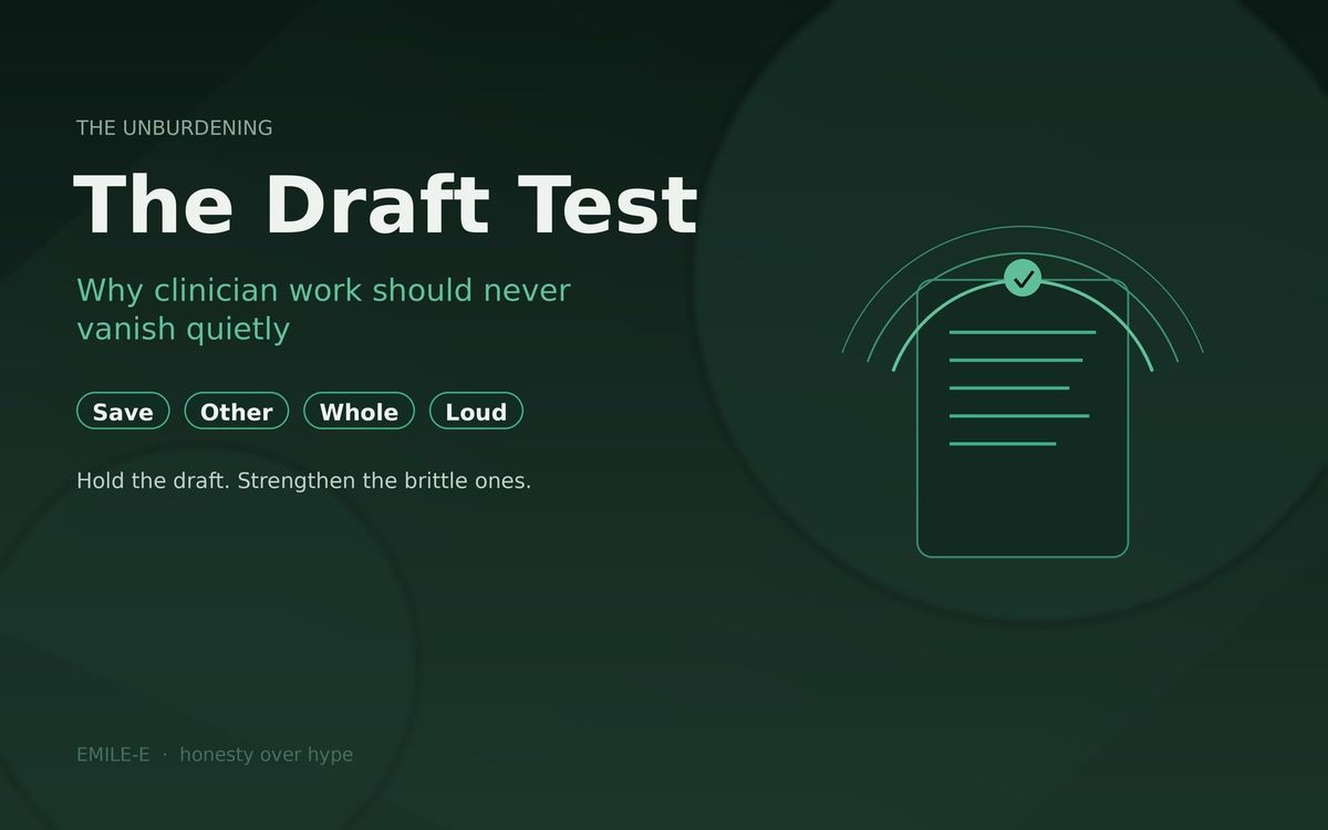 Deep green abstract field with a held record motif, beside the title The Draft Test and four labels: Save, Other, Whole, Loud.