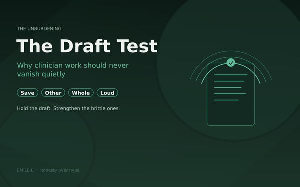 Deep green abstract field with a held record motif, beside the title The Draft Test and four labels: Save, Other, Whole, Loud.
