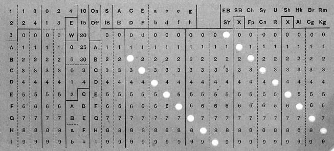 A card with printed numbers and letters, with small holes punched in some letters.