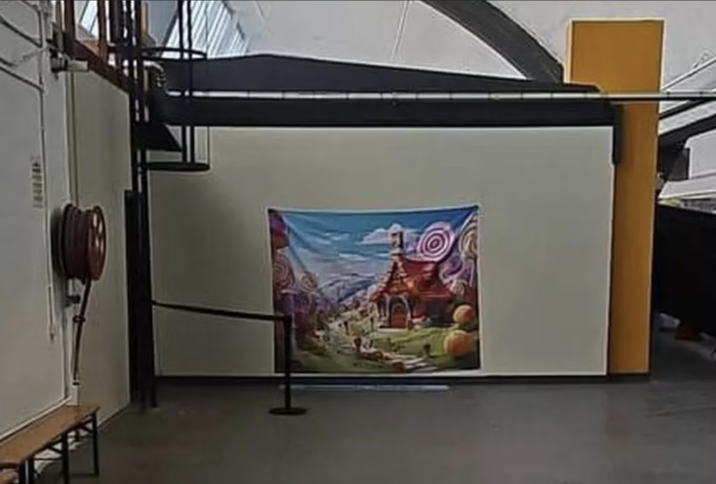 A Willy Wonka-style backdrop which is too small for the white wall that it's been put up on. Industrial fixtures and fittings are everywhere.