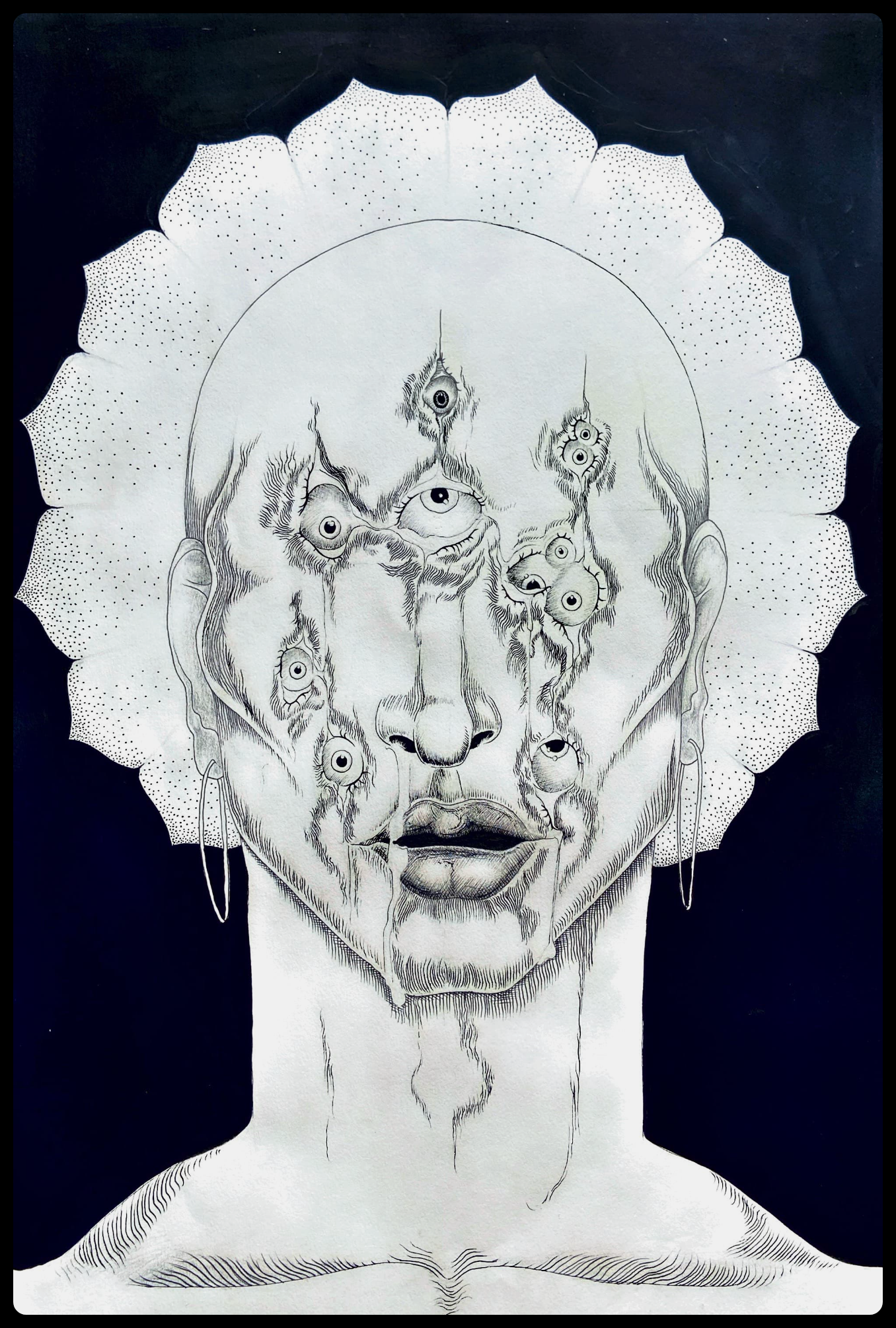 Artwork by Nasra Hussen: A face with many eyes melting in to it. The hair shaped like a lotus flower.