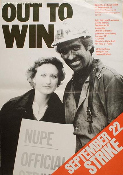 OUT TO WIN: A nurse holds a union sign next to a smiling coal miner. September 22 1982 Strike. 