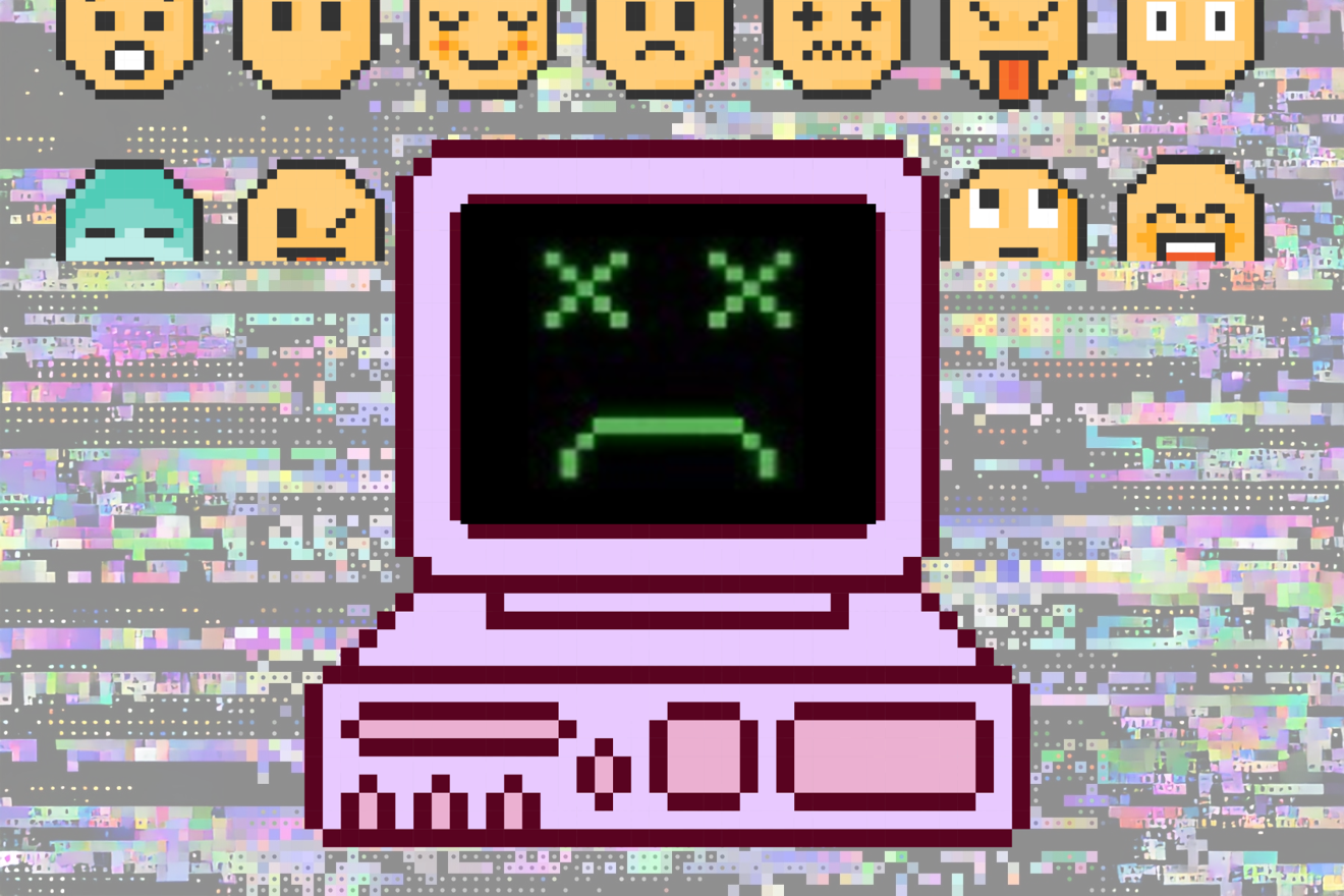a pixel art composition with a pink computer with a black sad face with x eyes, emojis in the background and dead pixels