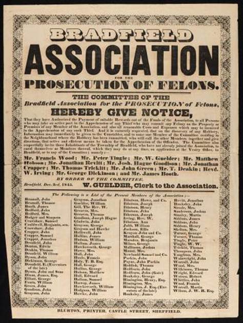 A notice produced by the Bradfield Association for the prosecution of Felons, naming Ibbotson as a member