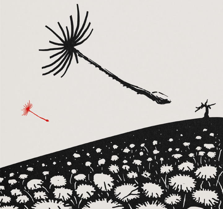 black and red dandelion seeds in the wind, a withered tree and a field of dandelions