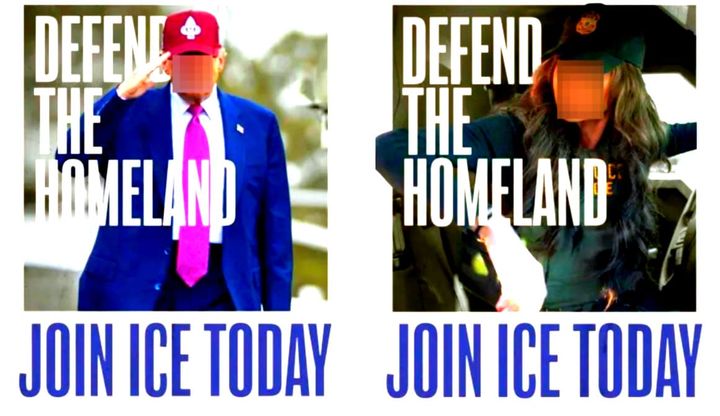 a stylized recruitment poster for United StatesImmigration and Customs Enforcement, showing Trump saluting and Kristi Noem in ICE gear.